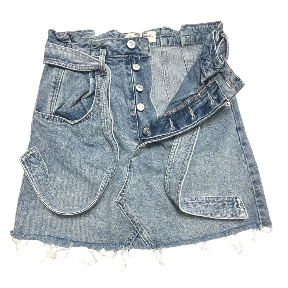 We‎ The Free East of Eden Paperbag Denim Mini Skirt Blue Raw Hem Women's 25 Boho